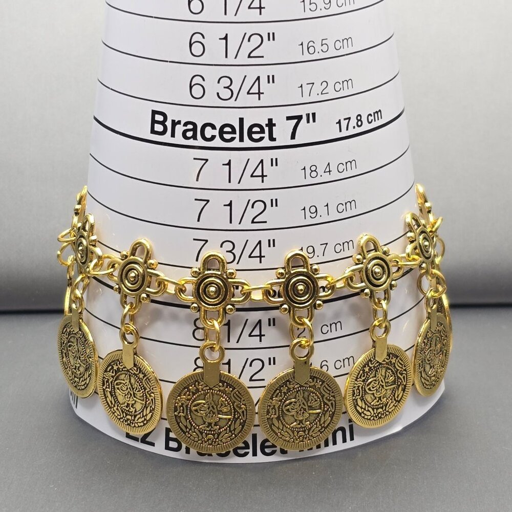 Gold Tone Bracelet Trio Cuff Bangles and Coin Charm Fashion Jewelry Anti Tarnish - Picture 7 of 14